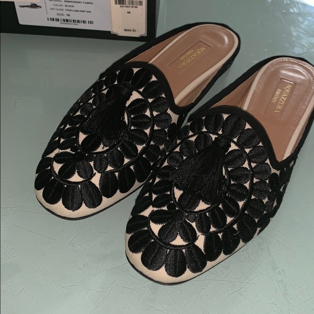 Aquazzura fez mule flat embroidery fabric black